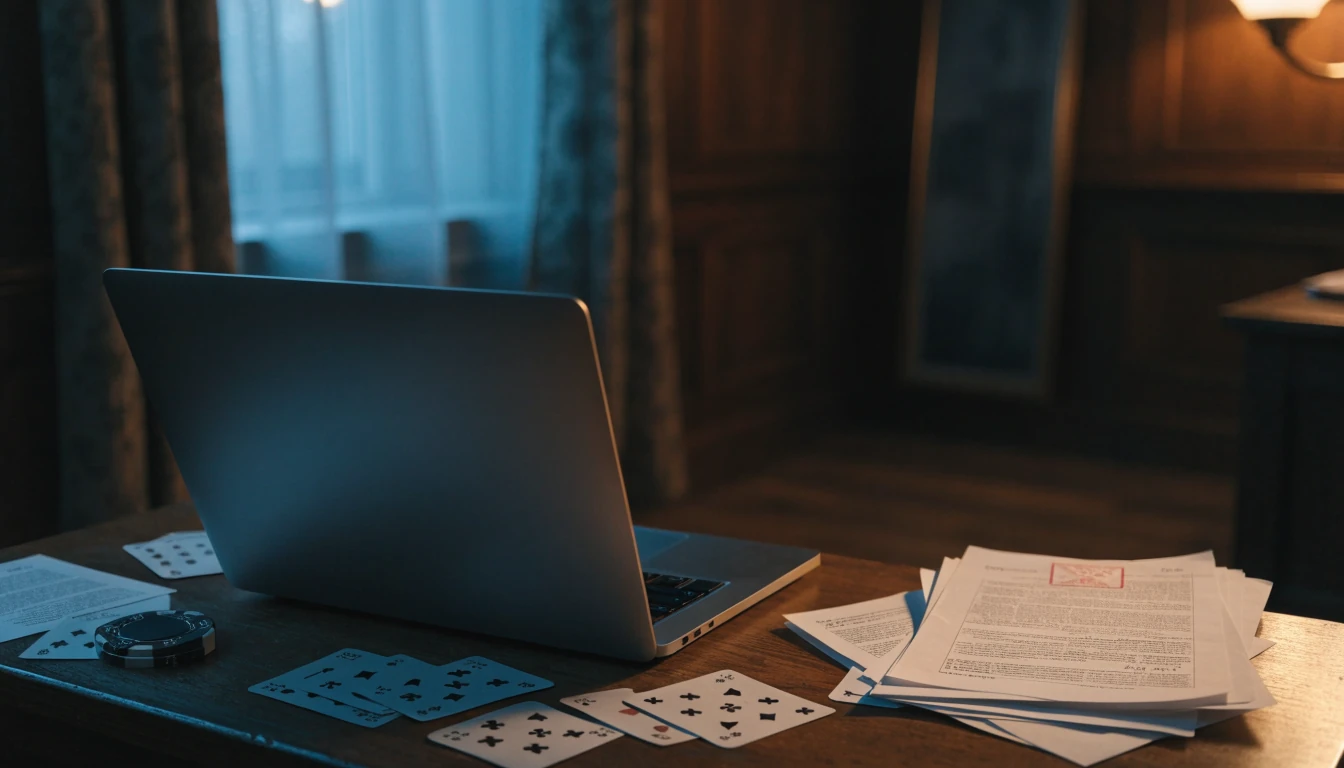 Closed laptop with casino chip and cards on a desk, suggesting unregulated online gambling risk
