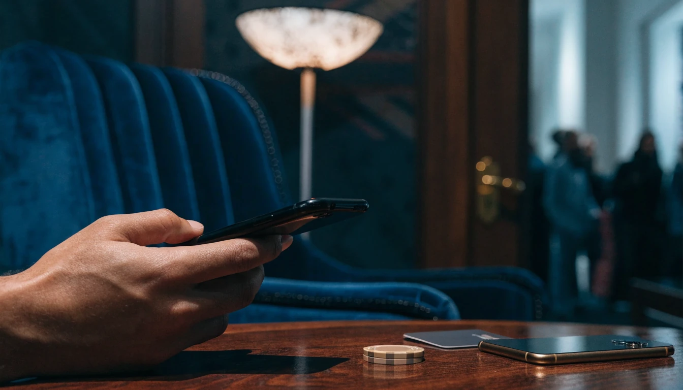 UK casino payment scene featuring a discreet smartphone and secure mobile payment atmosphere