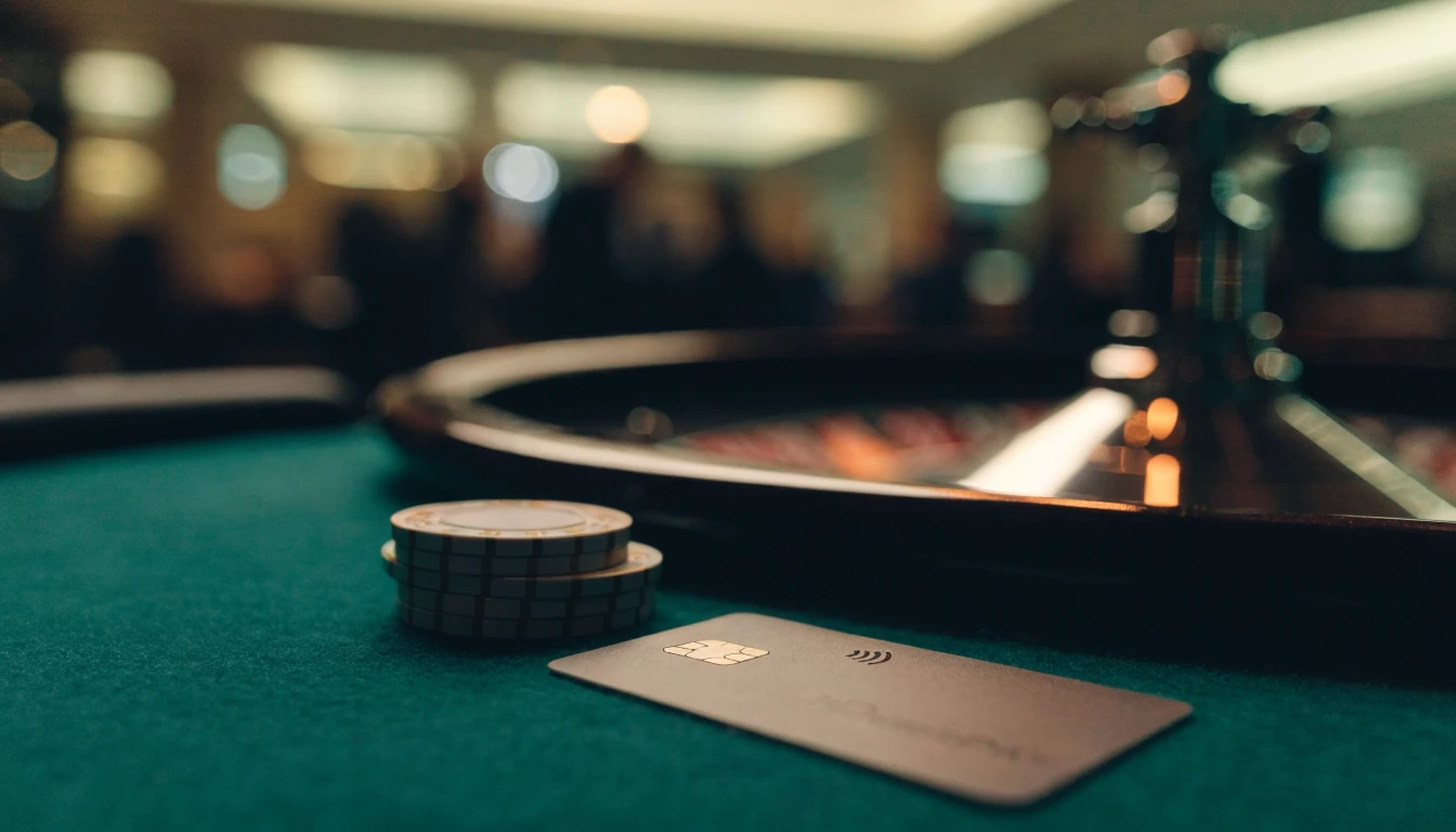 AstroPay card with casino chips and roulette wheel on a felt table