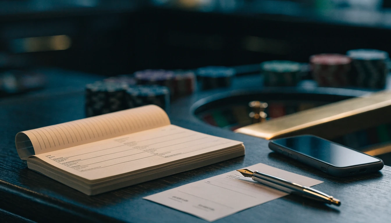 UK casino cashier desk with chequebook, pen, face-down phone and roulette chips