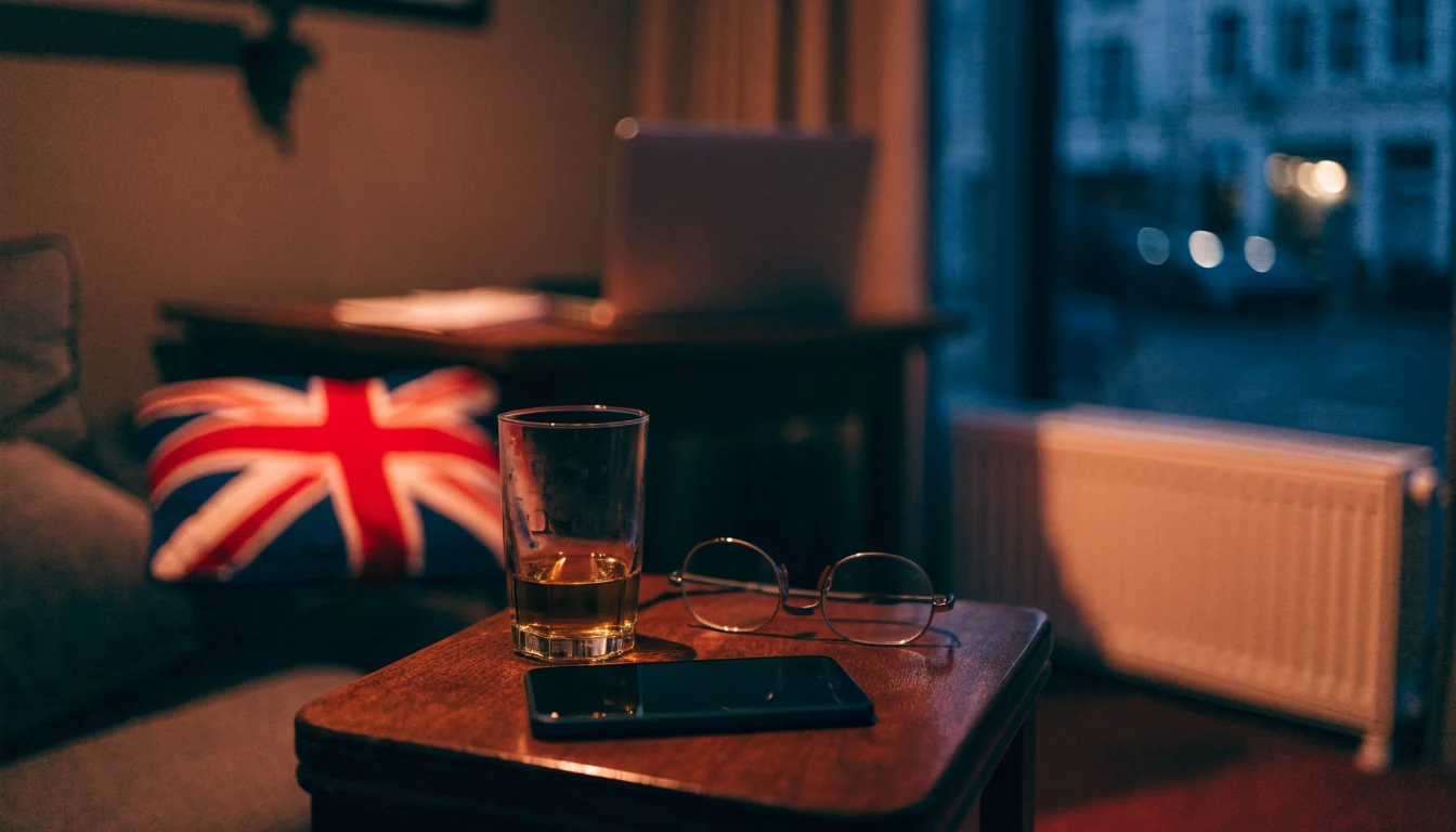 Smartphone face-down on a table in a London flat, suggesting bank transfer deposit