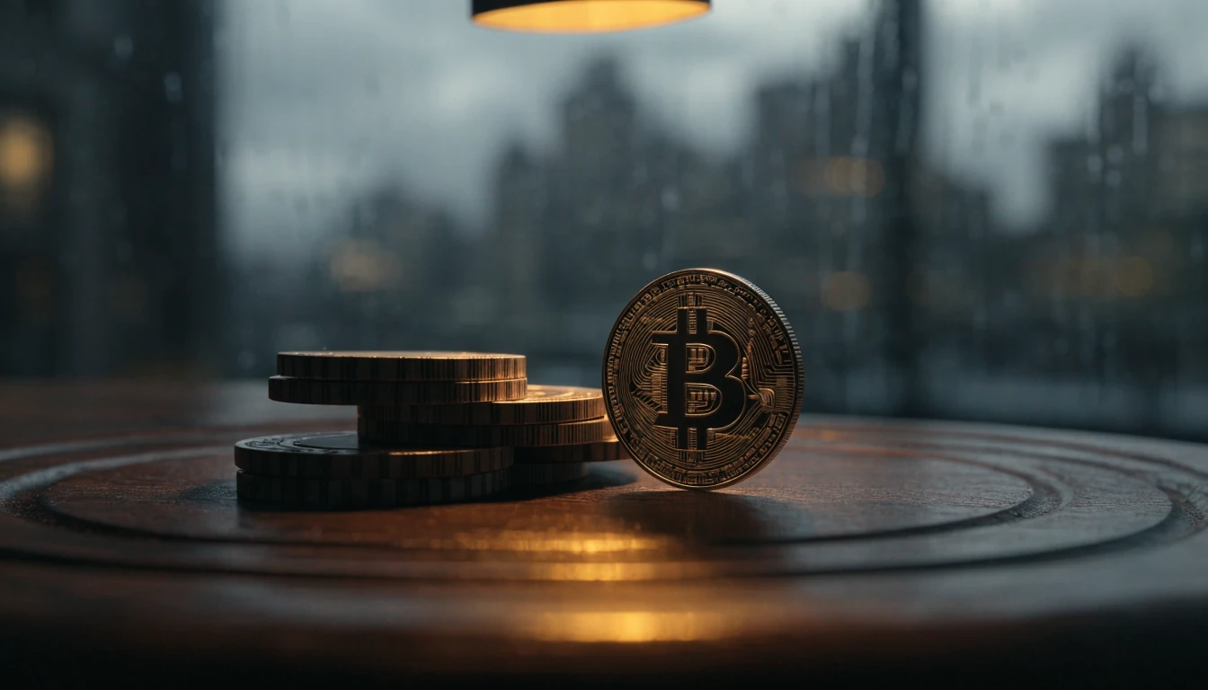 Casino chips and a Bitcoin coin on a dark wooden table with London skyline at dusk.