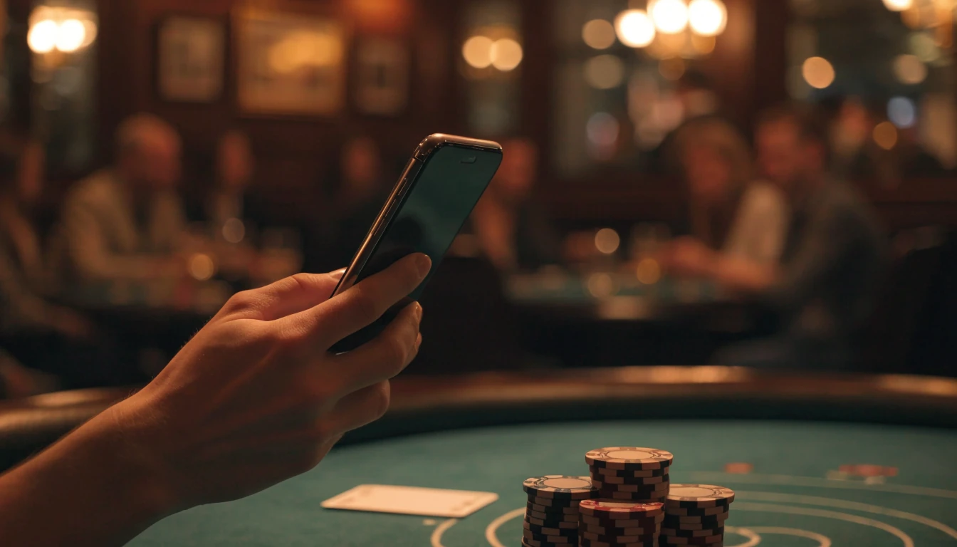 Hand holding a smartphone near casino chips at a UK casino table