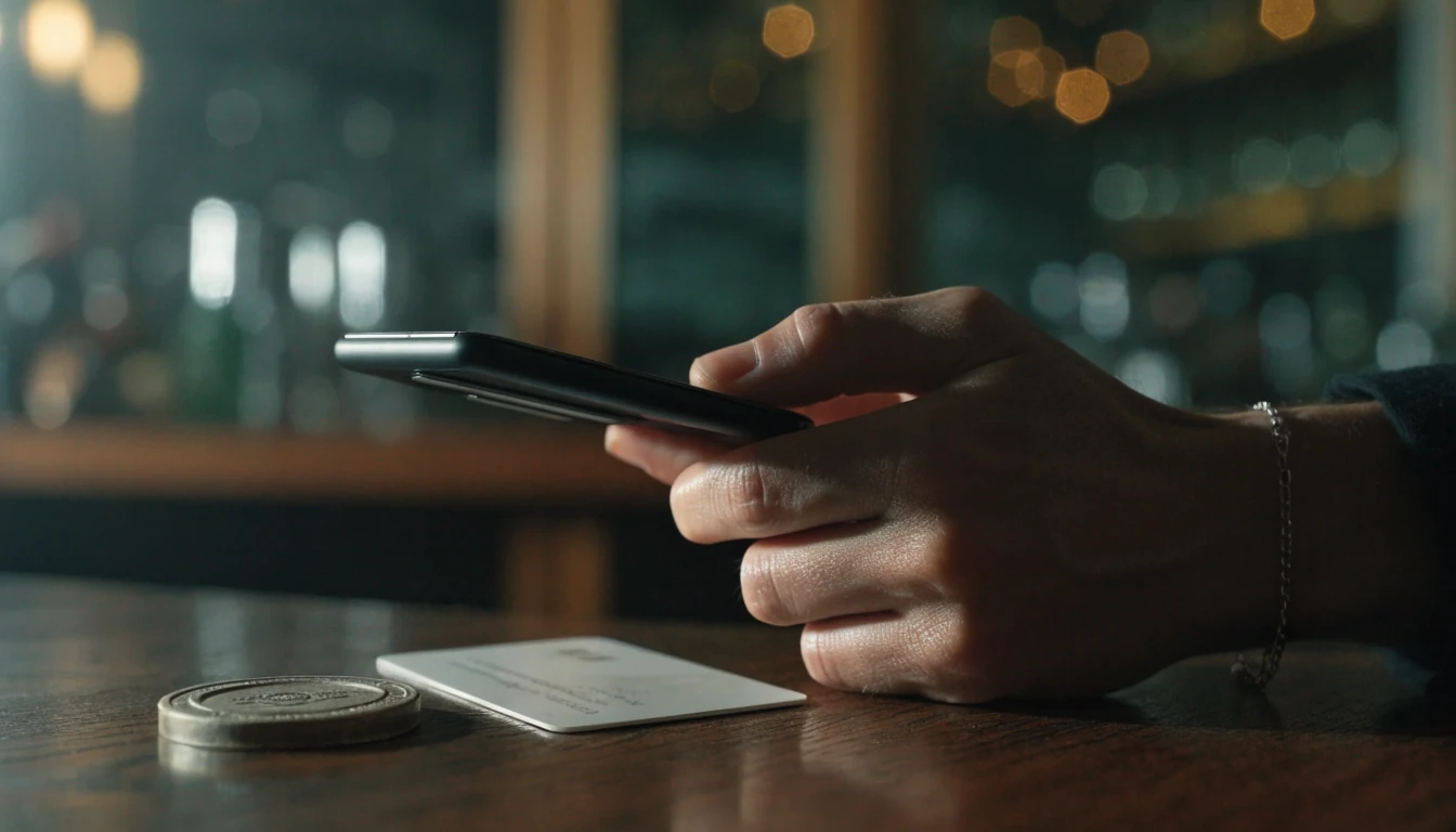 Smartphone, payment card and casino token on a dark table