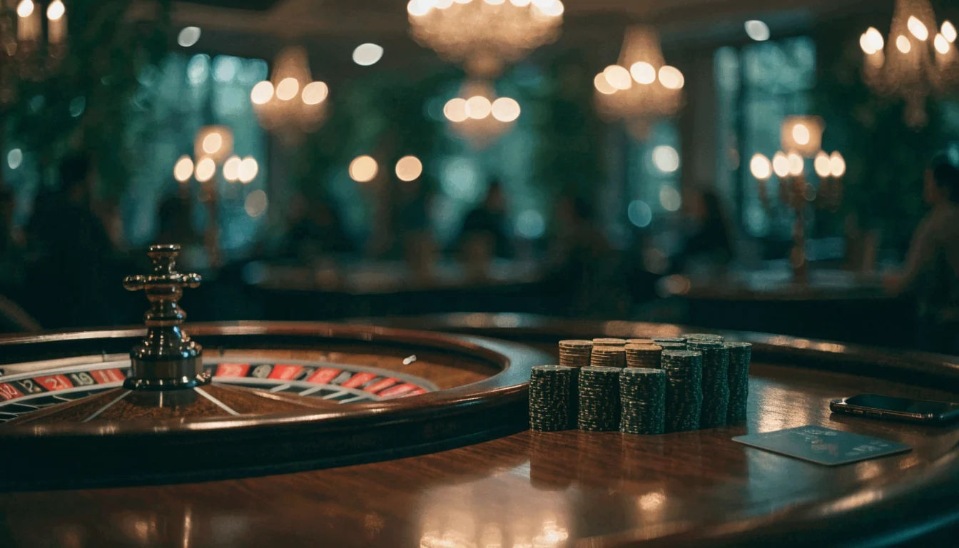 Elegant UK casino table with roulette wheel, chips, and a card suggesting payment method