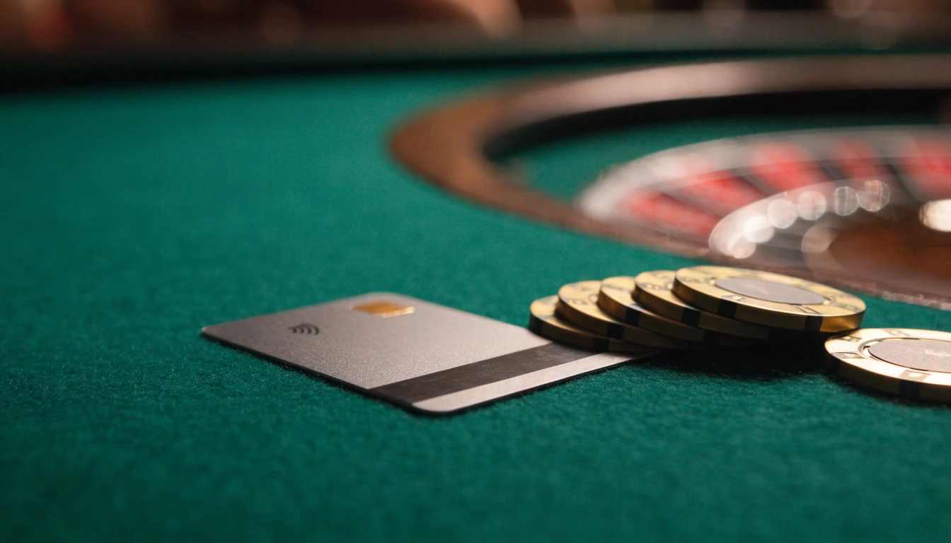 Visa debit card and poker chips on a casino table