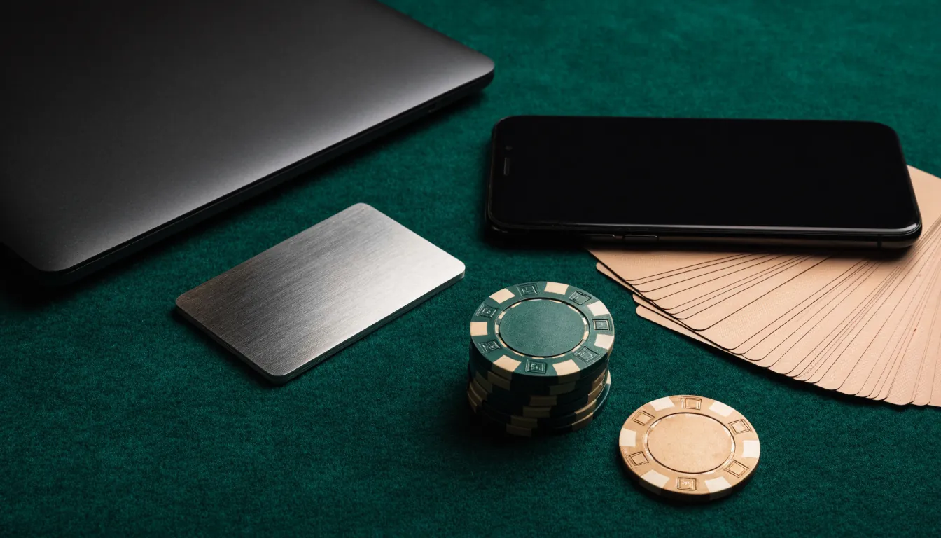 Premium payment card, closed laptop, casino chips and cards on green baize