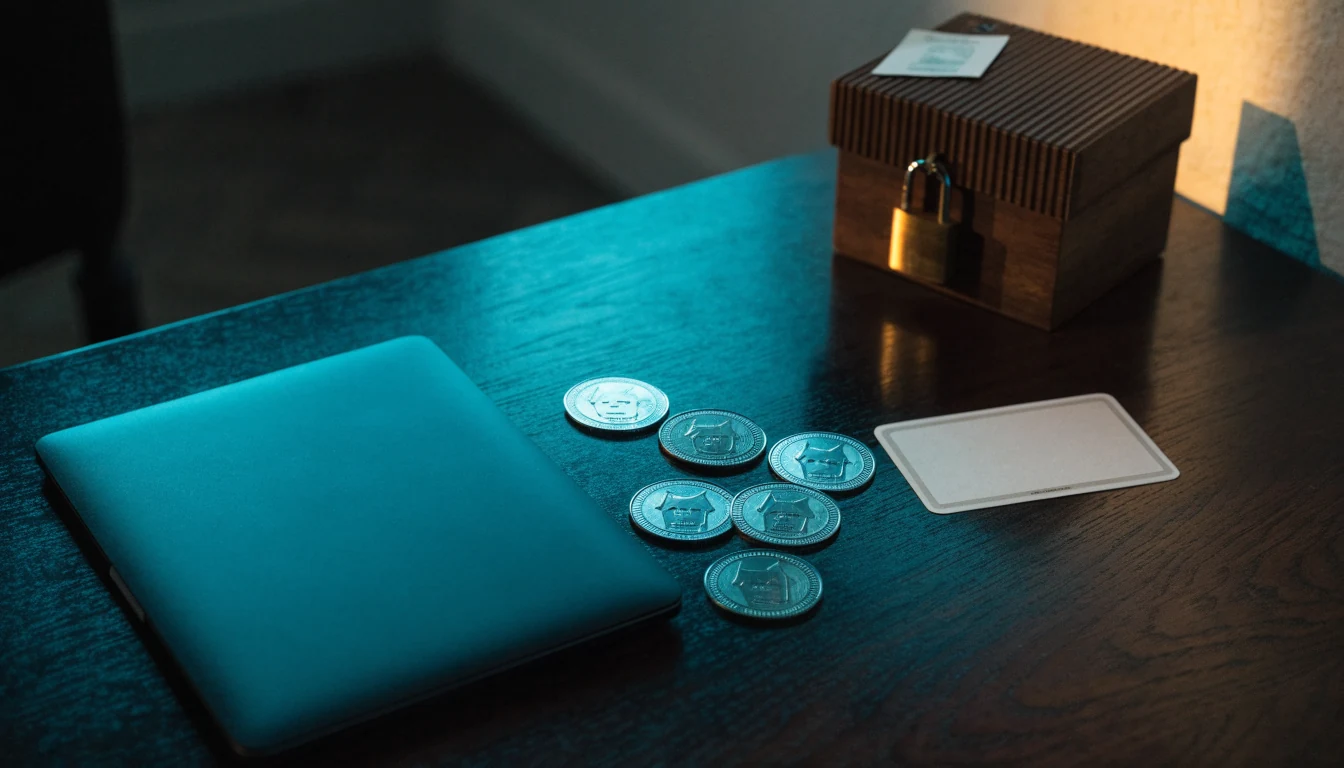 Dogecoin tokens, a closed laptop, and bonus-themed props on a desk