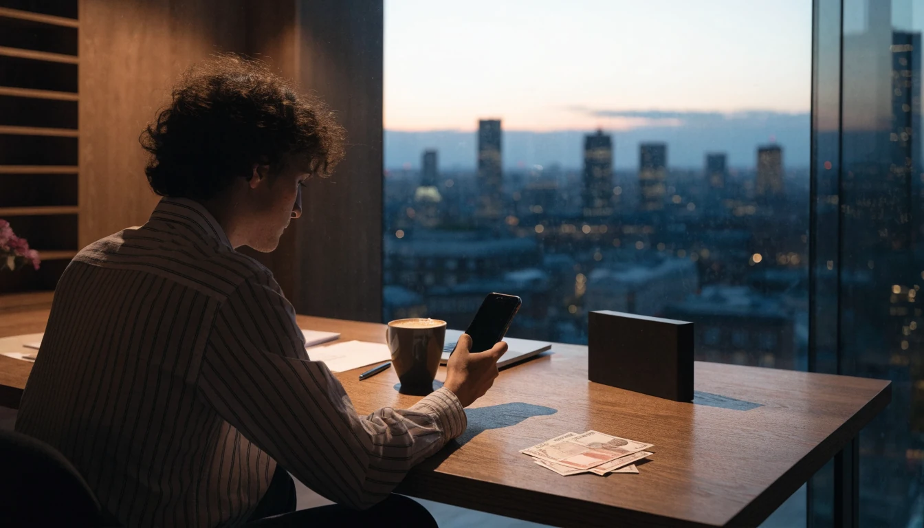 Young professional in London using a smartphone for e-wallet payment at home