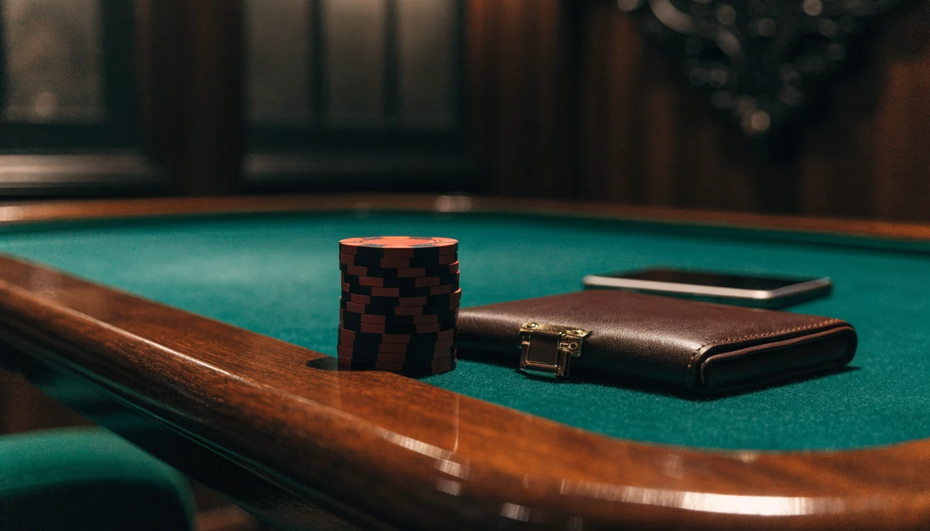 Casino chips and closed checkbook on a green felt gaming table in a British club setting