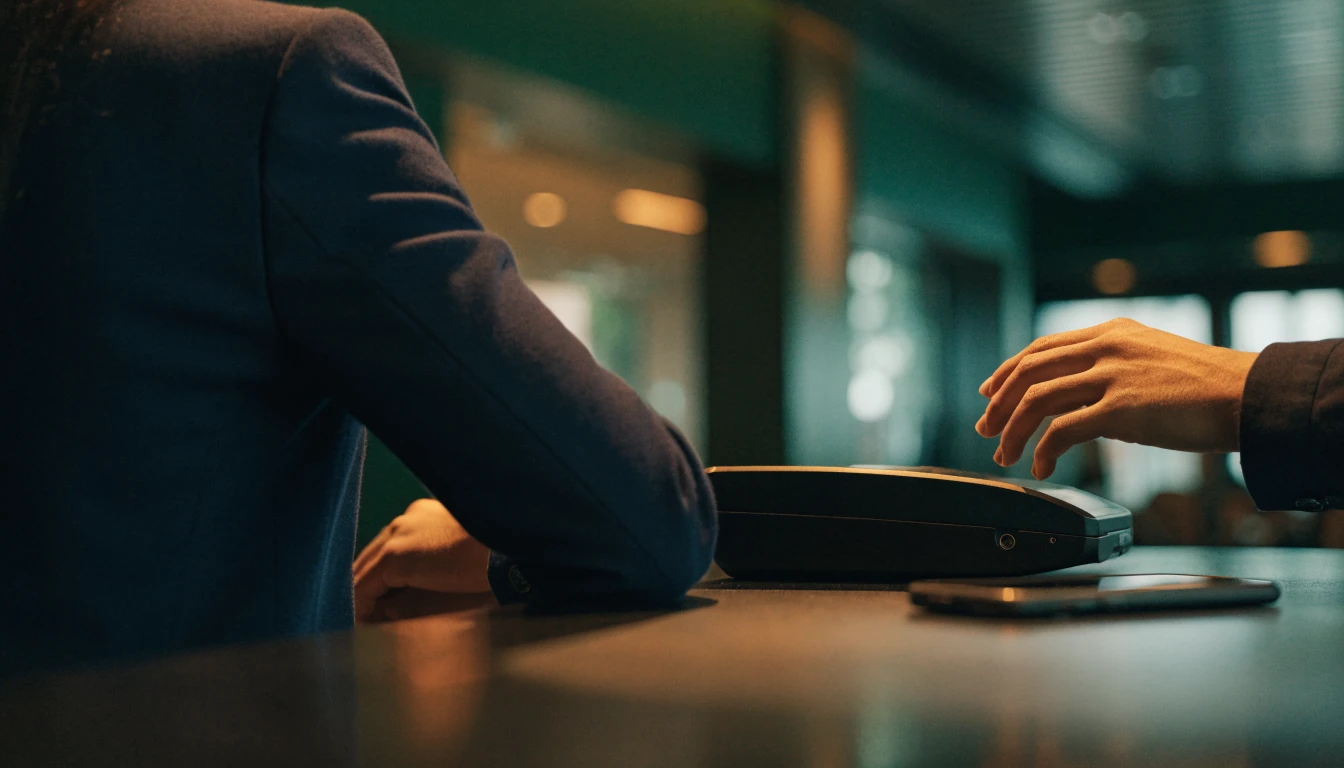 Anonymous UK casino customer checking payment options at a cashier counter