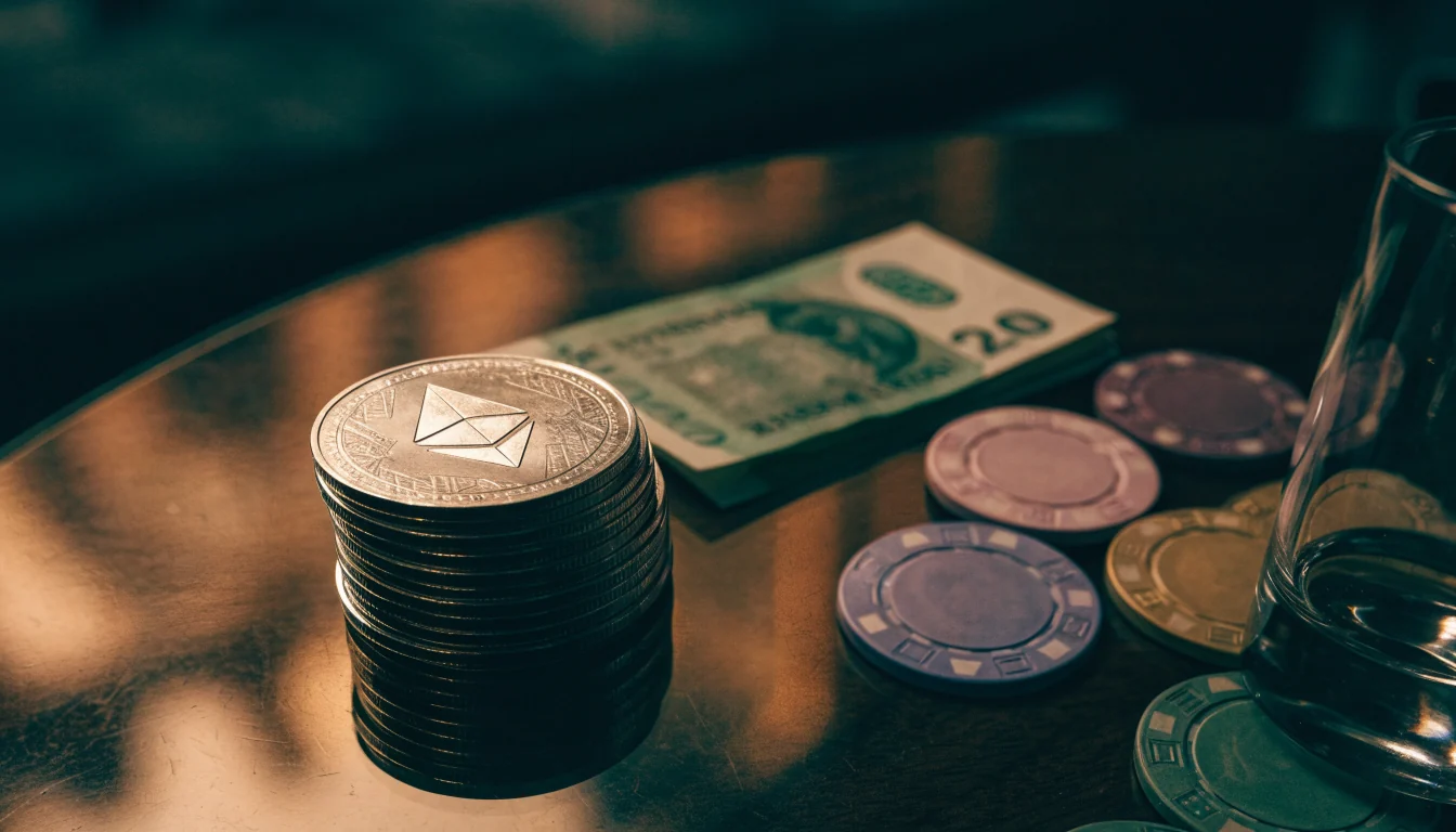 Ethereum tokens beside casino chips and a British pound note on dark wood