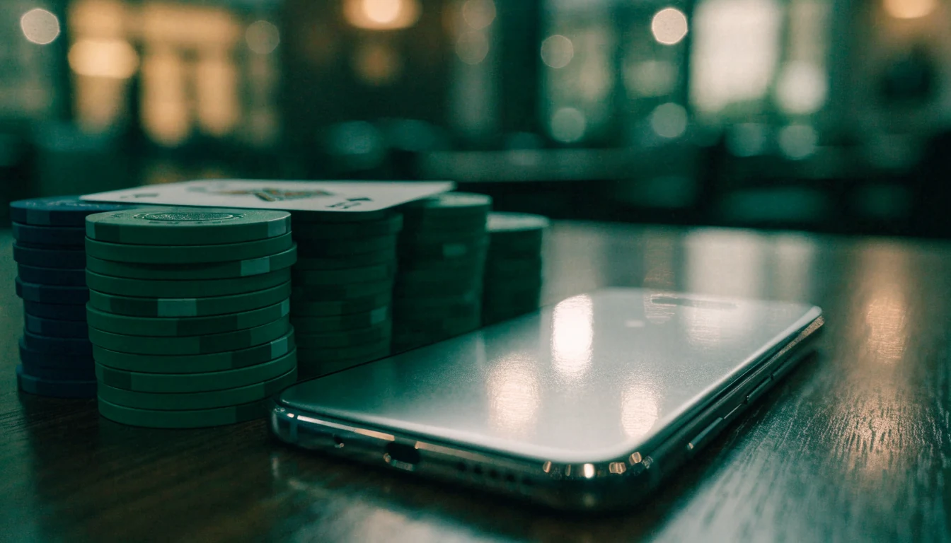 Smartphone on casino table with chips and playing card, UK payment scene