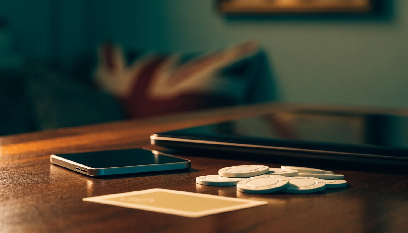 Casino chips, card, and closed devices on a wooden desk in warm British interior lighting.