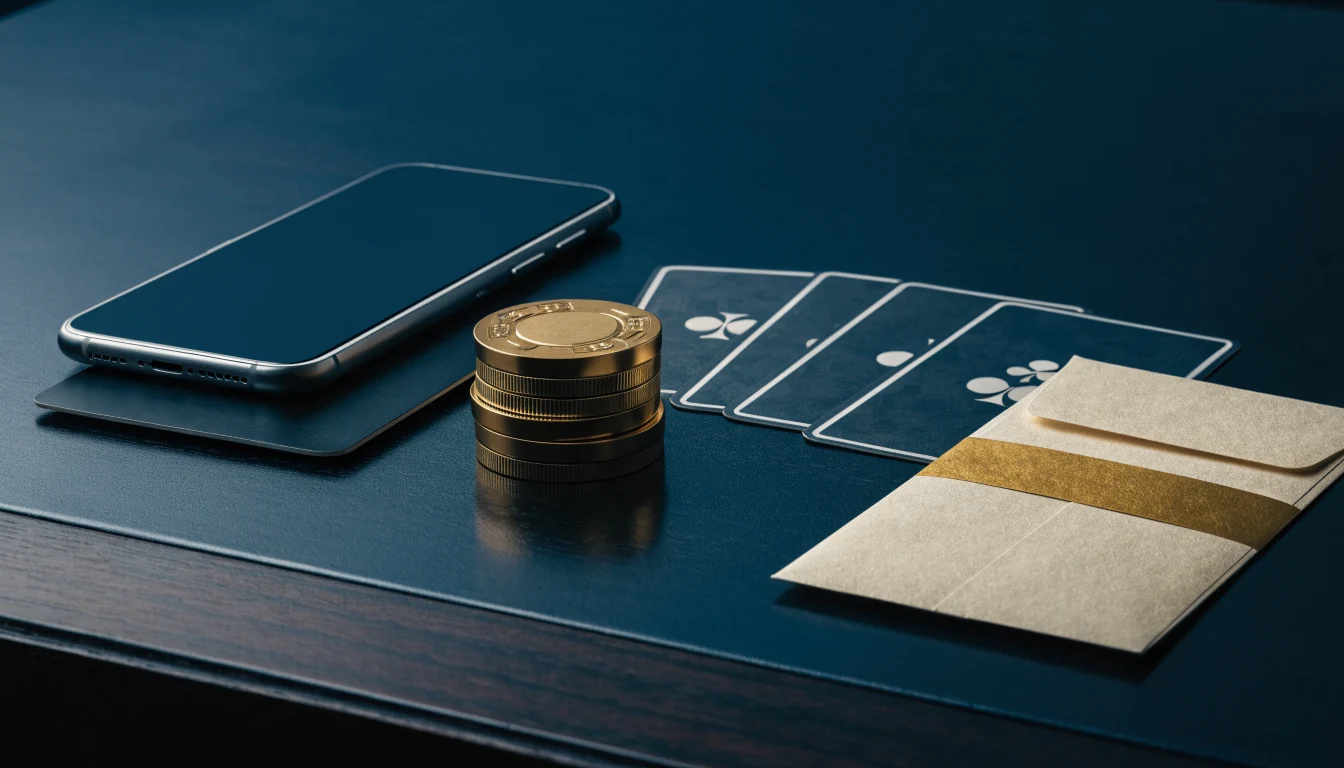 Phone, payment card, casino chips and bonus envelope on a dark desk
