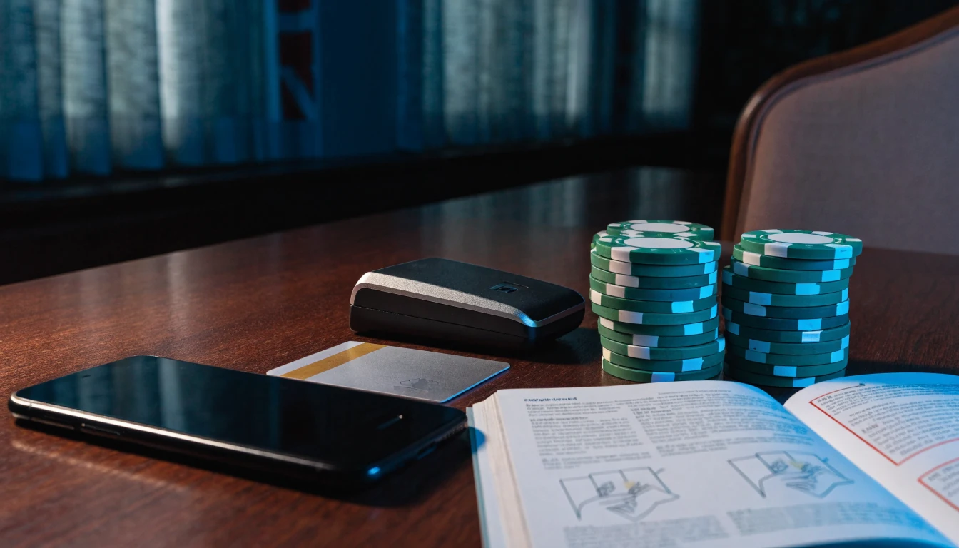 Phone, debit card, chips, and bonus terms on a casino deposit table