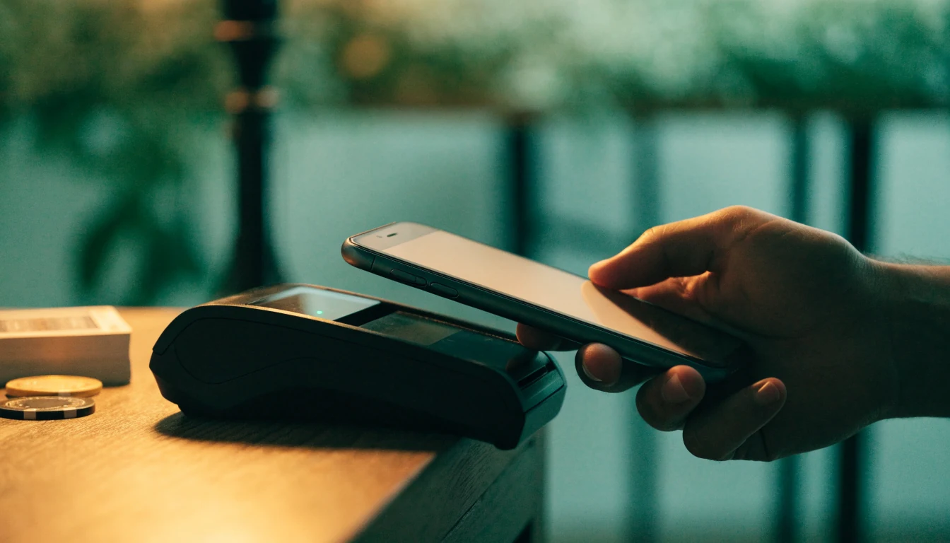 UK scene of contactless payment near casino chips on a table