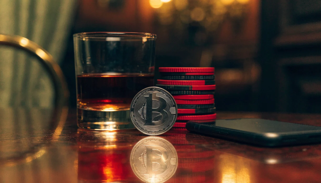 Silver Litecoin coin, whisky glass, casino chips and a face-down phone on a dark wood club table.