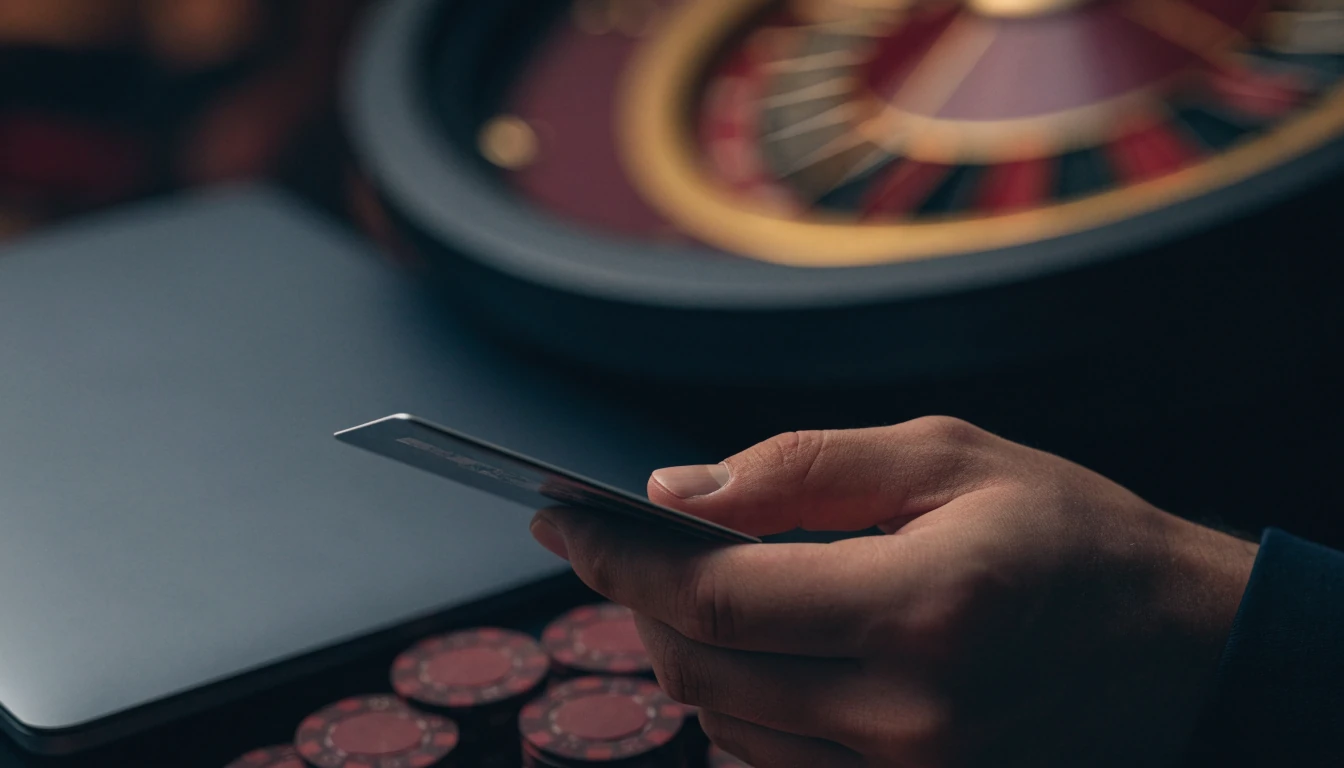 Player holding a debit card beside a closed laptop and casino chips