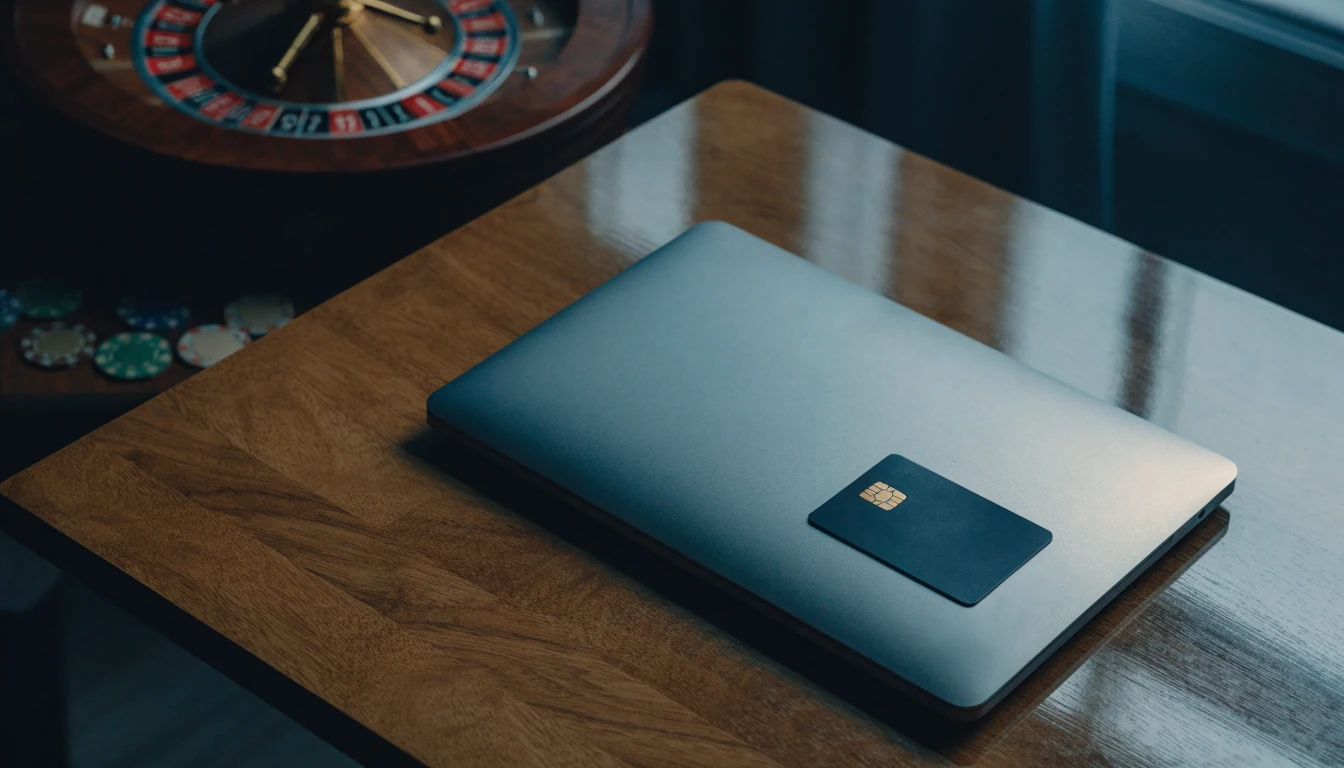 Secure UK casino payment concept with card, laptop and chips