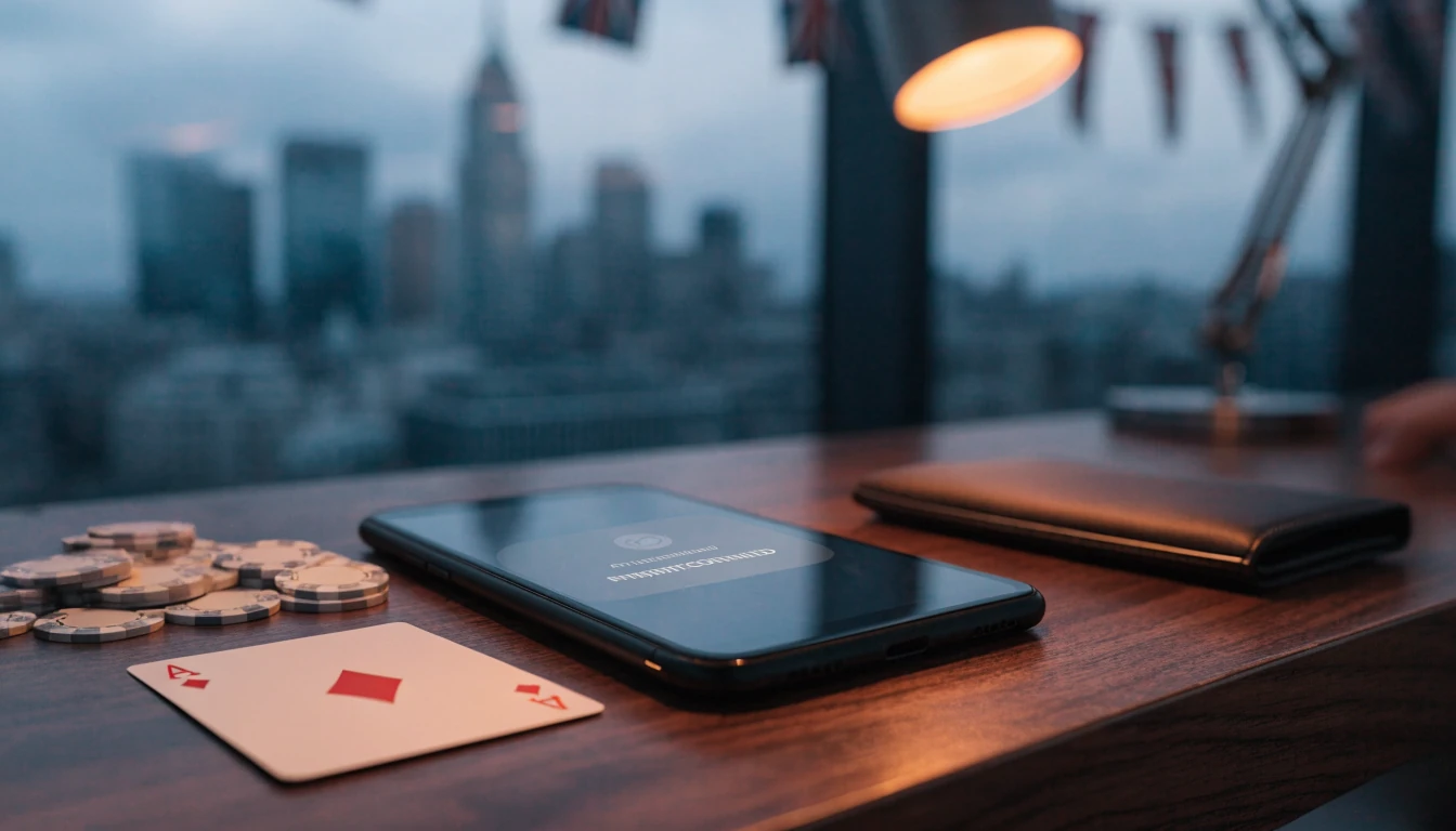 British casino scene with smartphone, chips, and payment theme