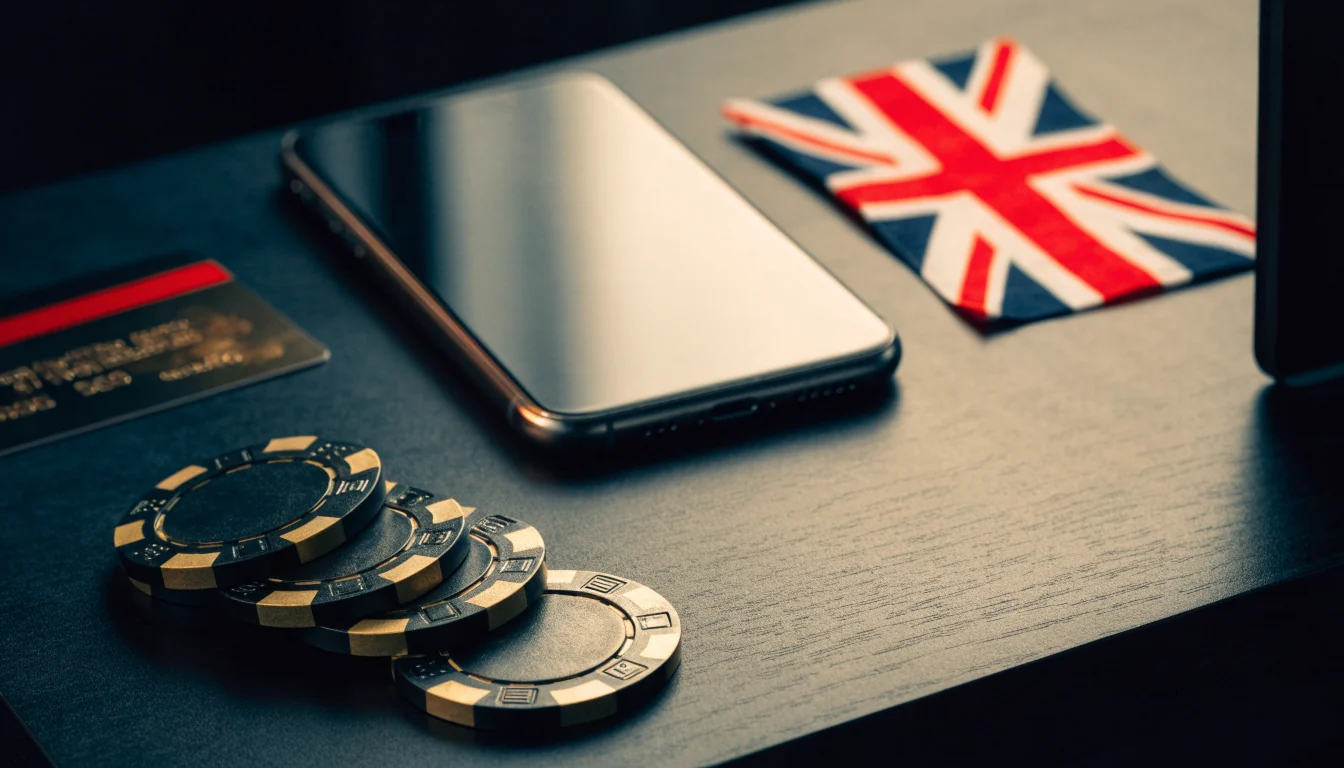 Phone, payment card and casino chips representing UK online casino deposits