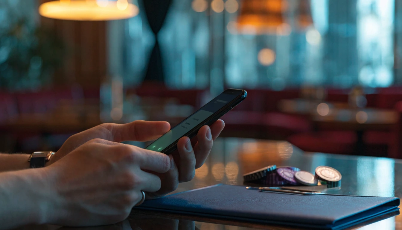 Adult using mobile wallet payment beside casino chips in a stylish UK casino lobby