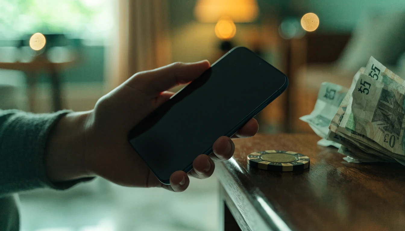 Hand holding a smartphone near casino chips and British pounds on a table