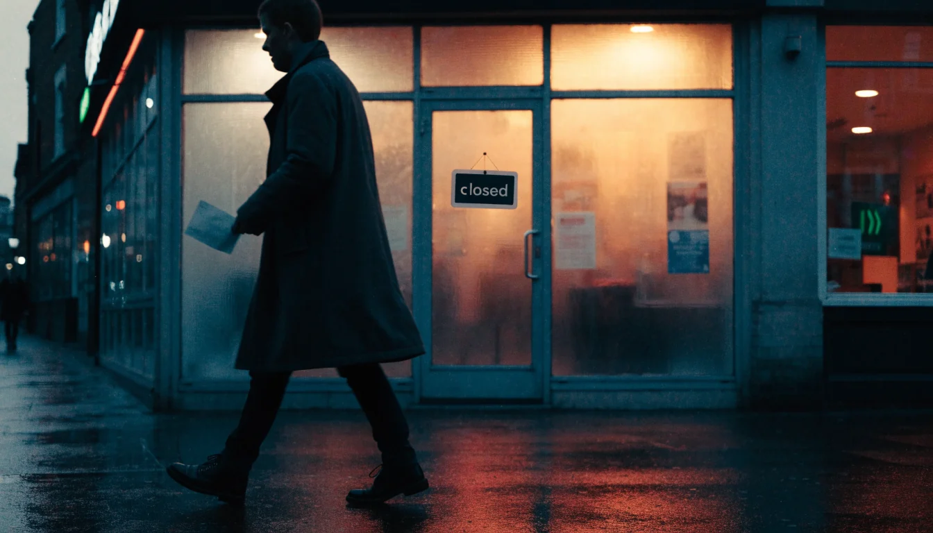 Person walking past a closed UK betting shop door at dusk with neon reflections on wet pavement.