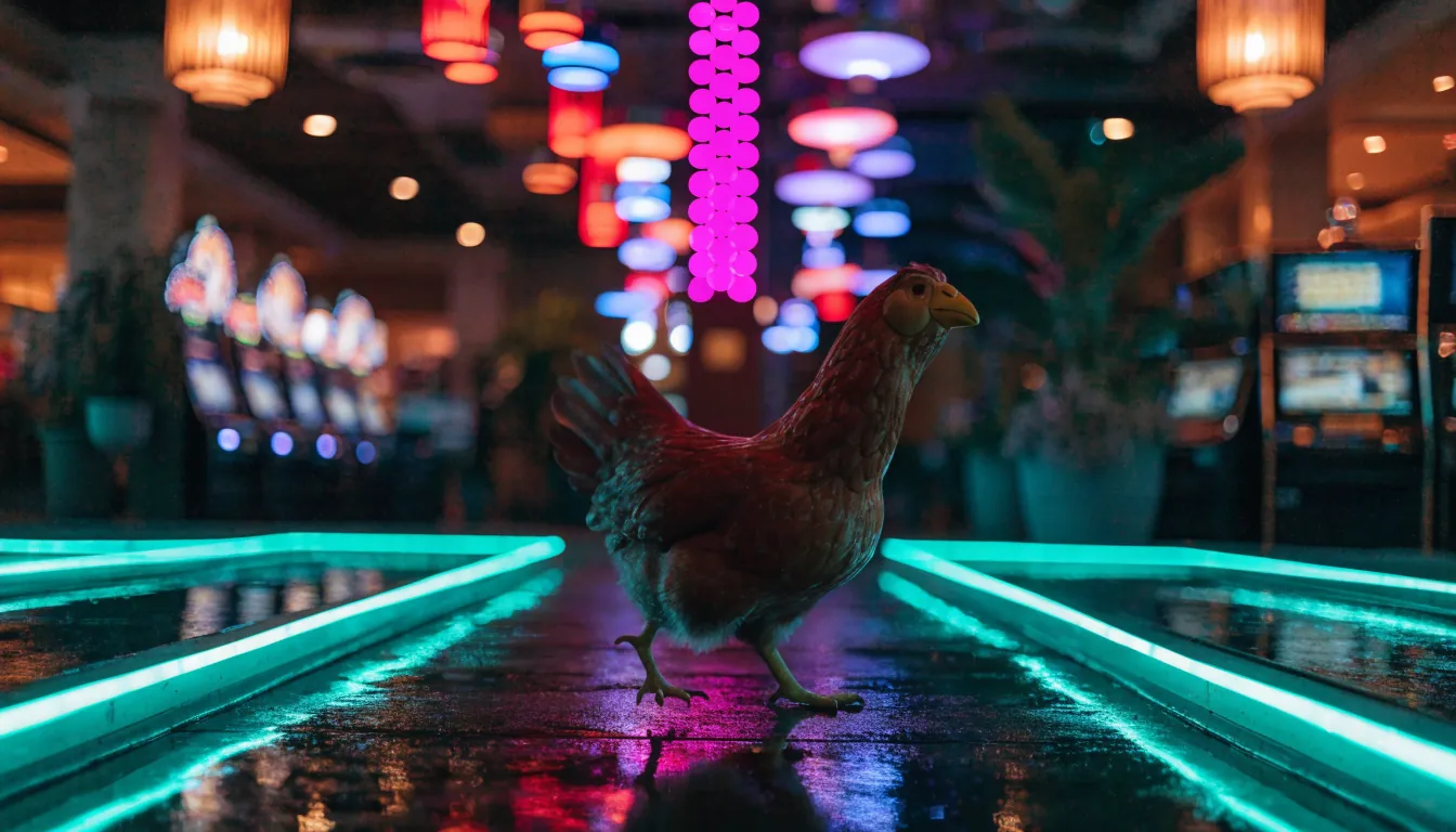 Chicken figurine crossing a glowing obstacle lane in a UK casino lounge