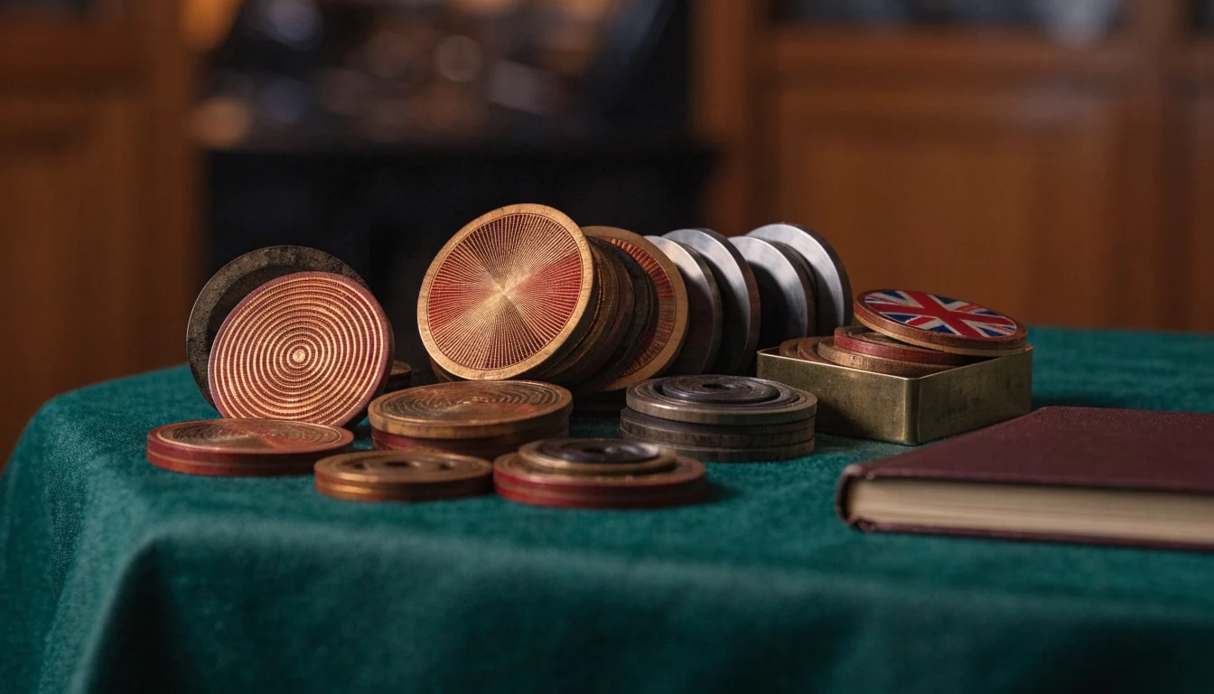 Classic slot tokens and blank reels on green baize