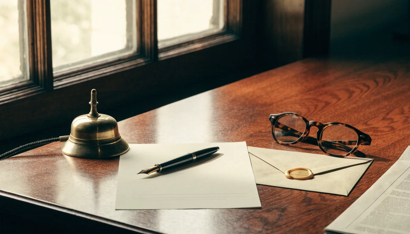 Traditional British editorial desk with fountain pen, envelope, and brass bell suggesting written correspondence.