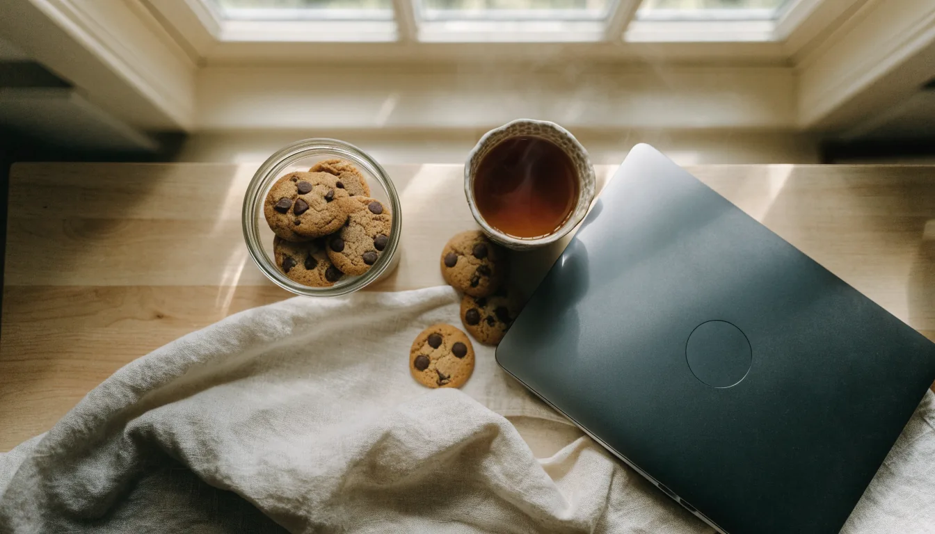 Glass jar of cookies on a desk next to a laptop and tea mug