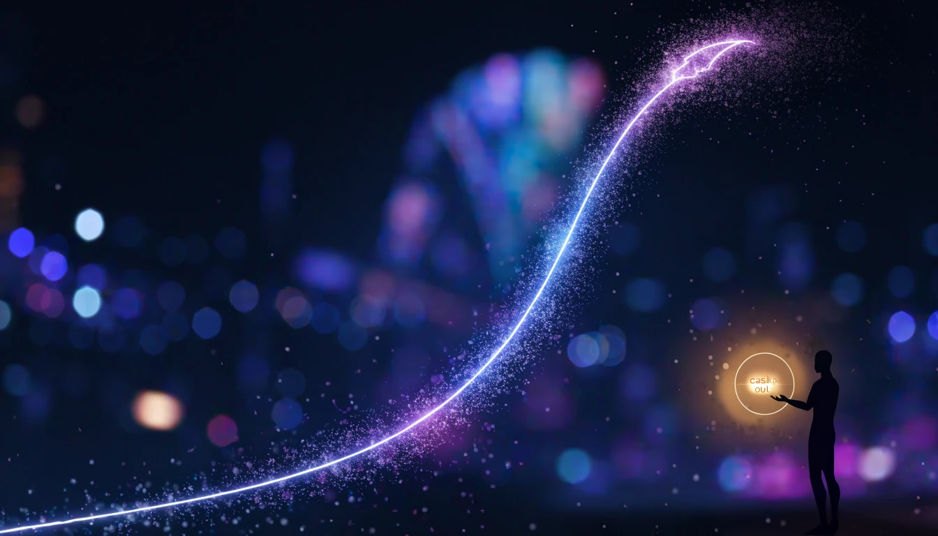 Futuristic illustration of a rising crash-game multiplier curve with a player silhouette preparing to cash out.