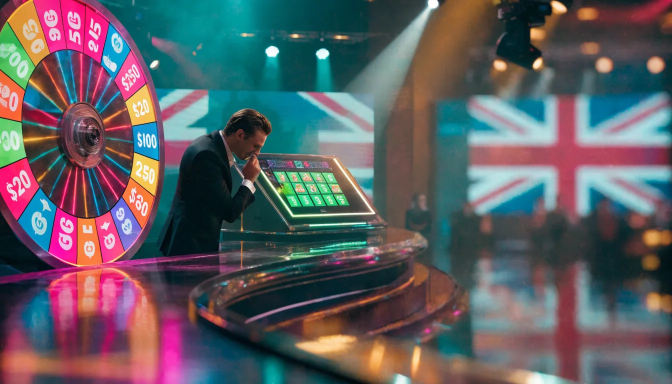 Live casino game show host beside a colorful money wheel in a neon-lit UK studio.