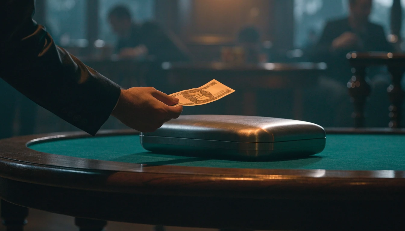 Closed briefcase on casino table with Banker's hand offering money
