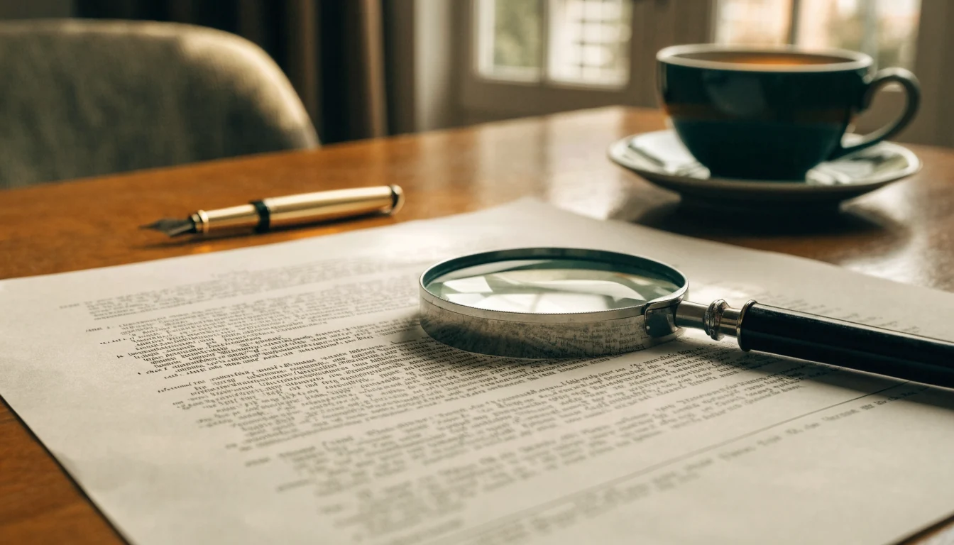 Formal legal disclaimer document on a wooden desk with magnifying glass and pen