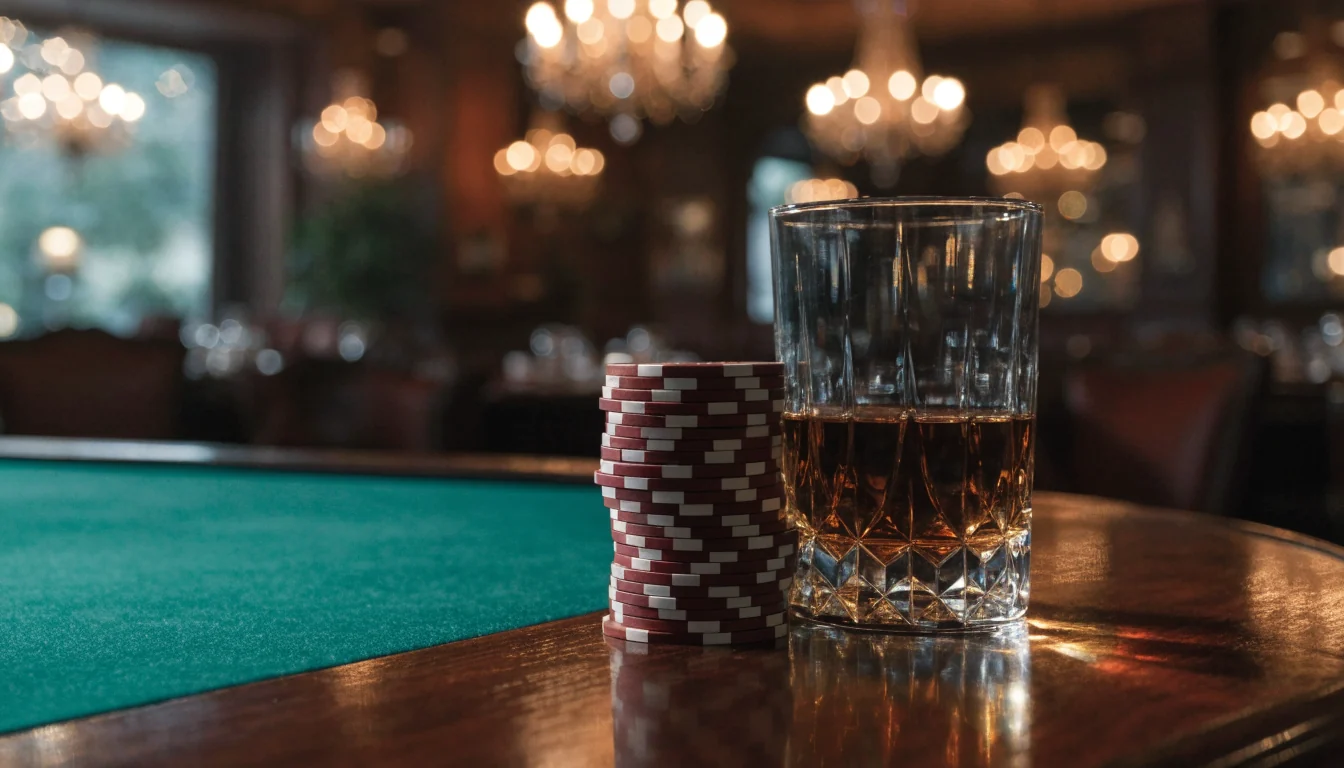 Elegant British casino table with stacked chips and amber lighting