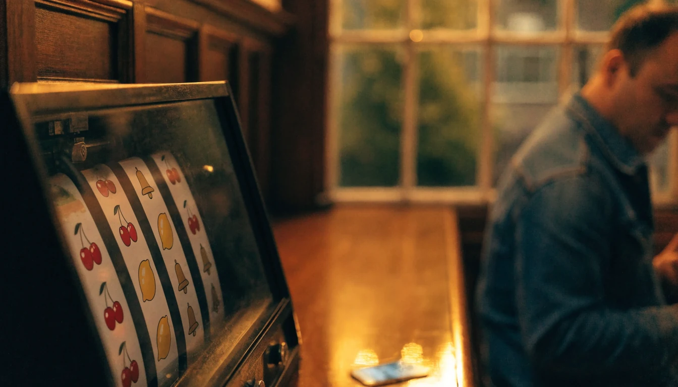 Classic British pub fruit machine beside a smartphone on a wooden bar counter.