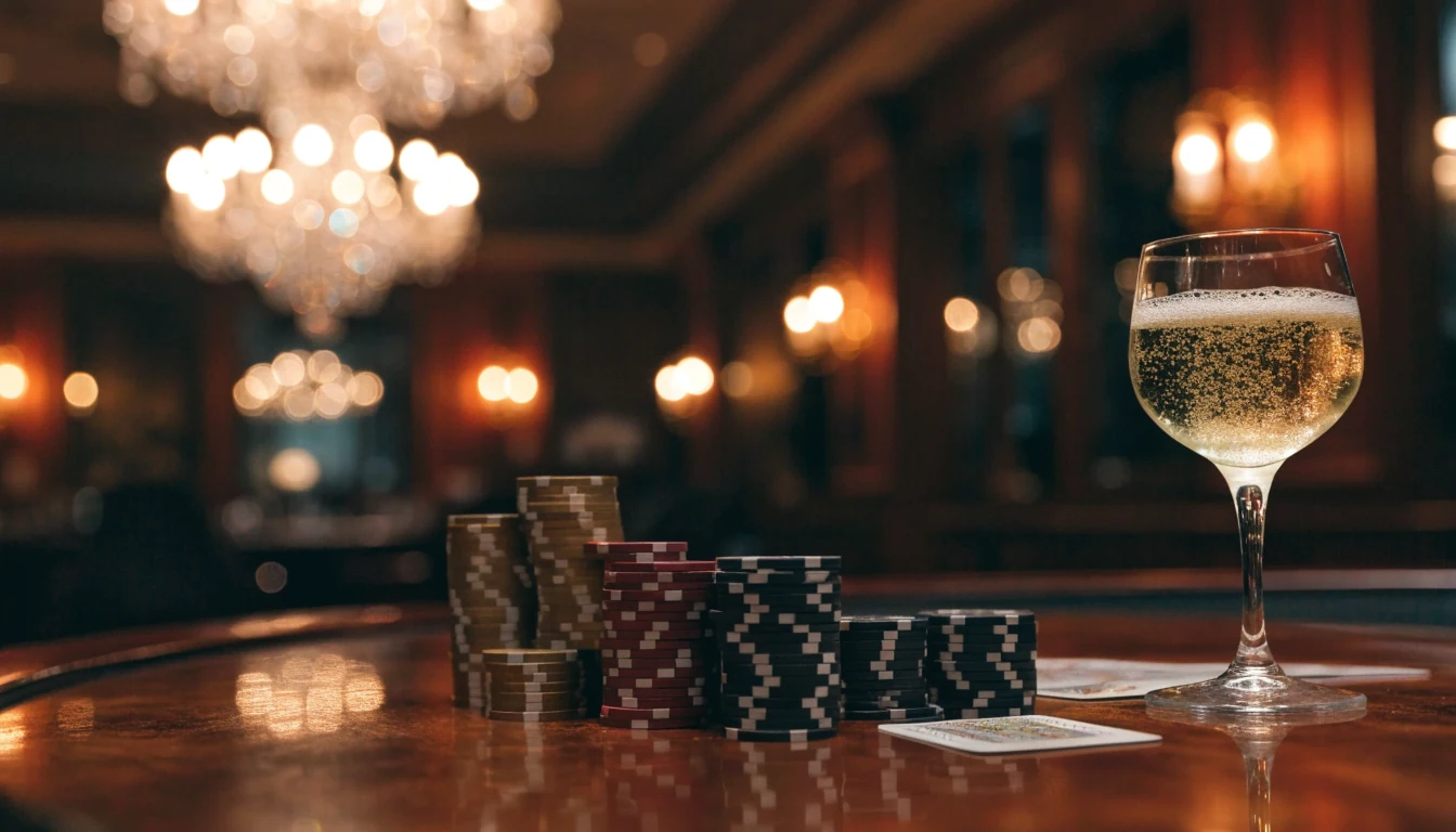 Elegant UK casino table with stacked chips, face-down cards and a champagne glass in warm luxurious lighting.