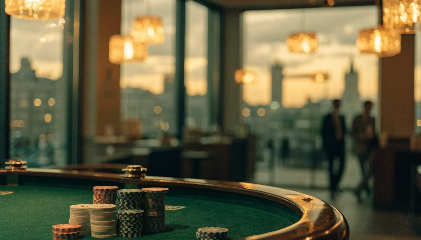 Elegant UK casino lounge with a roulette table and chips at dusk