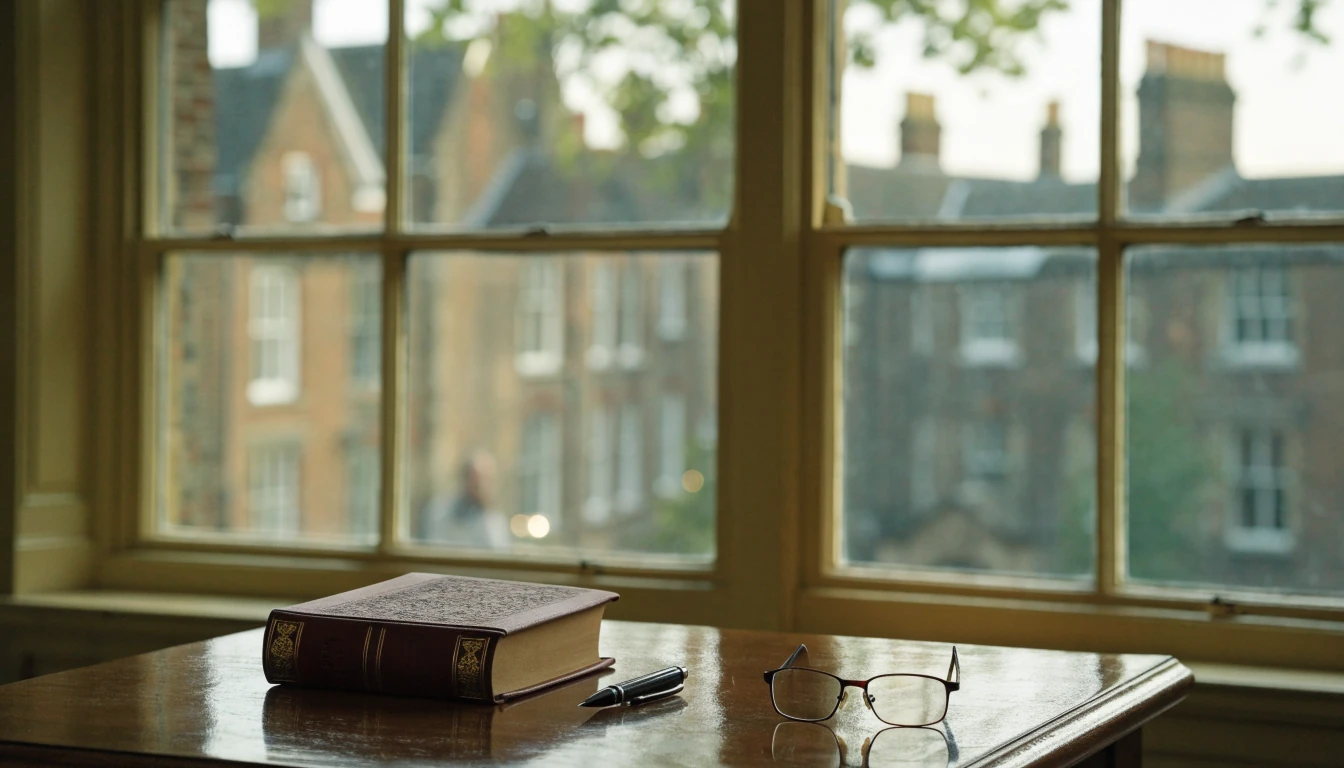 Wooden desk with legal book, pen, and glasses in a British office