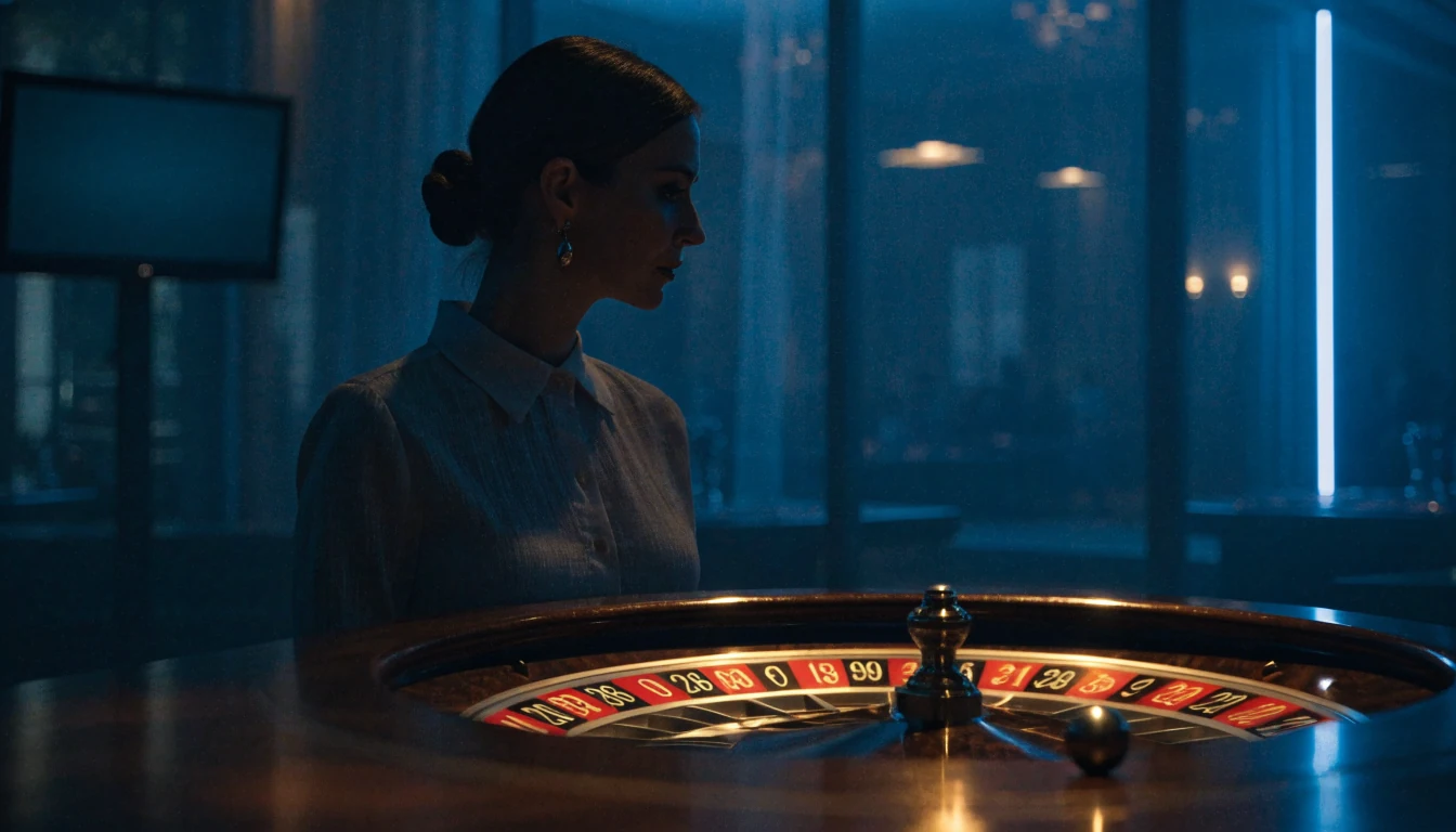 Live casino dealer presenting a roulette wheel in an elegant studio