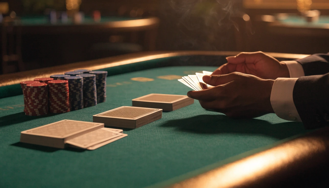 Elegant UK live baccarat table with two card hands and casino chips