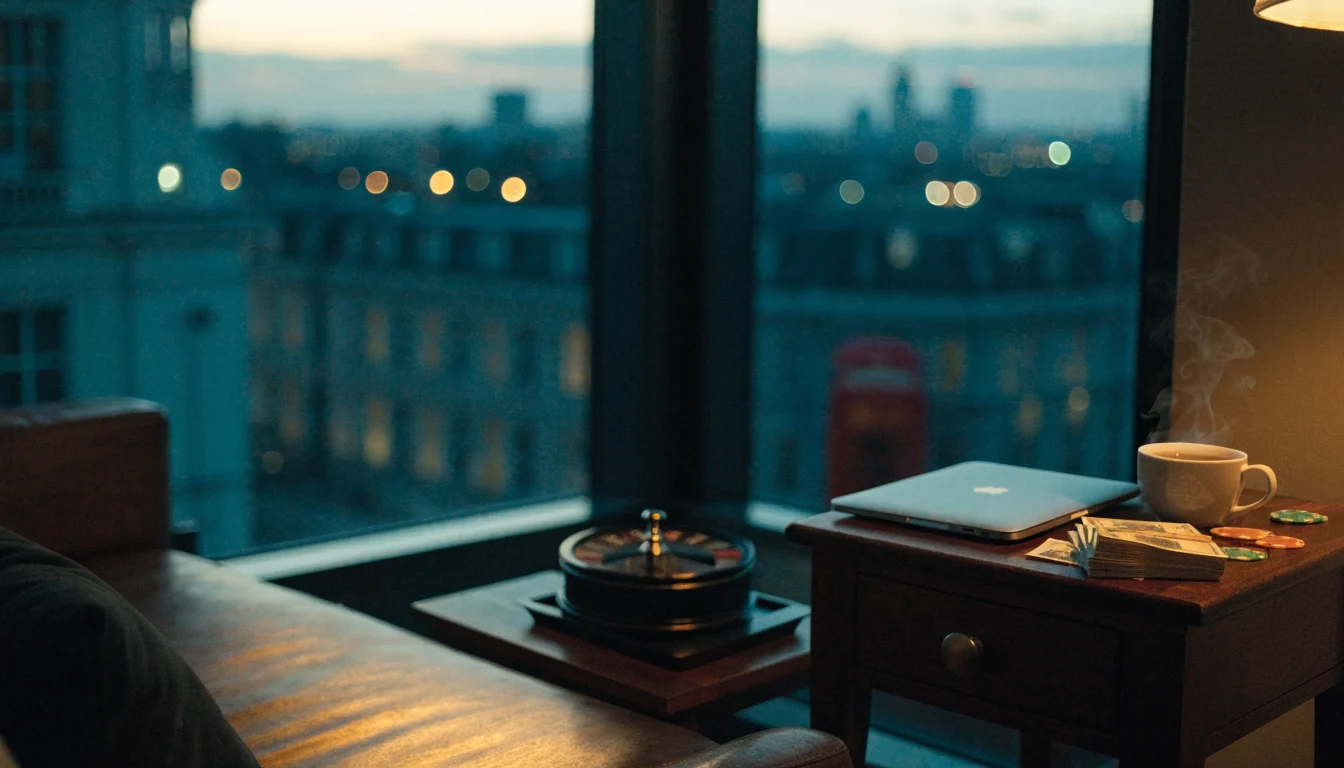 Cozy London flat at dusk with roulette wheel, chips and closed laptop