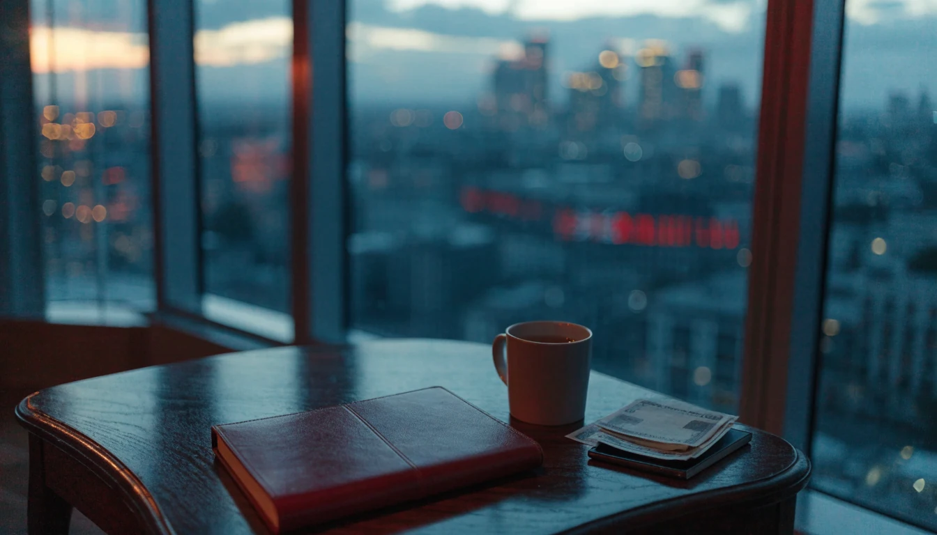 London apartment scene with closed notebook, tea, and face-down smartphone at dusk