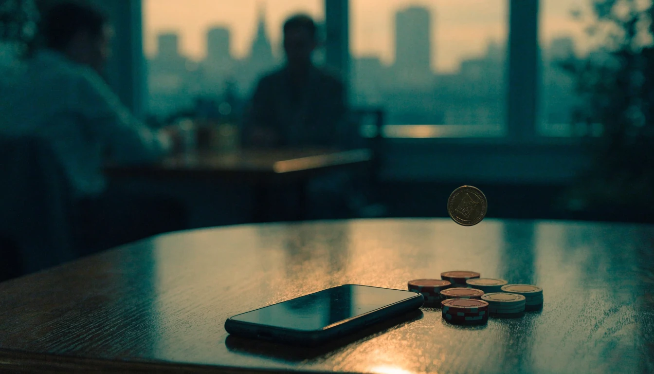 Smartphone on a British pub table beside casino chips and a tossed gold coin