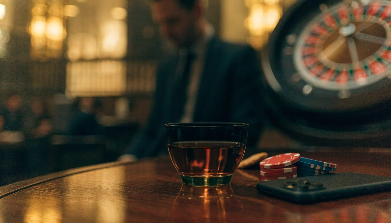 Smartphone beside casino chips, tea, and a roulette wheel in a British lounge
