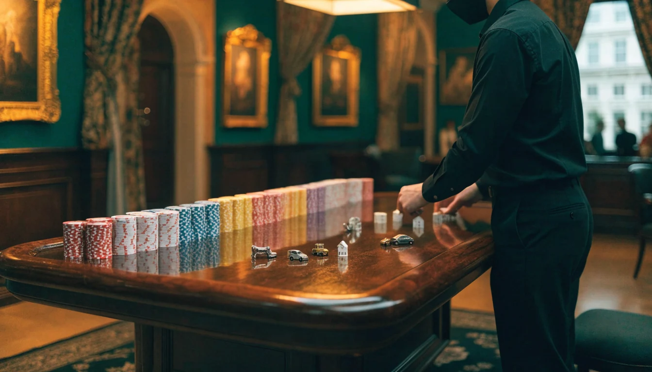 Live casino dealer handling colourful chips and property tokens in a UK studio