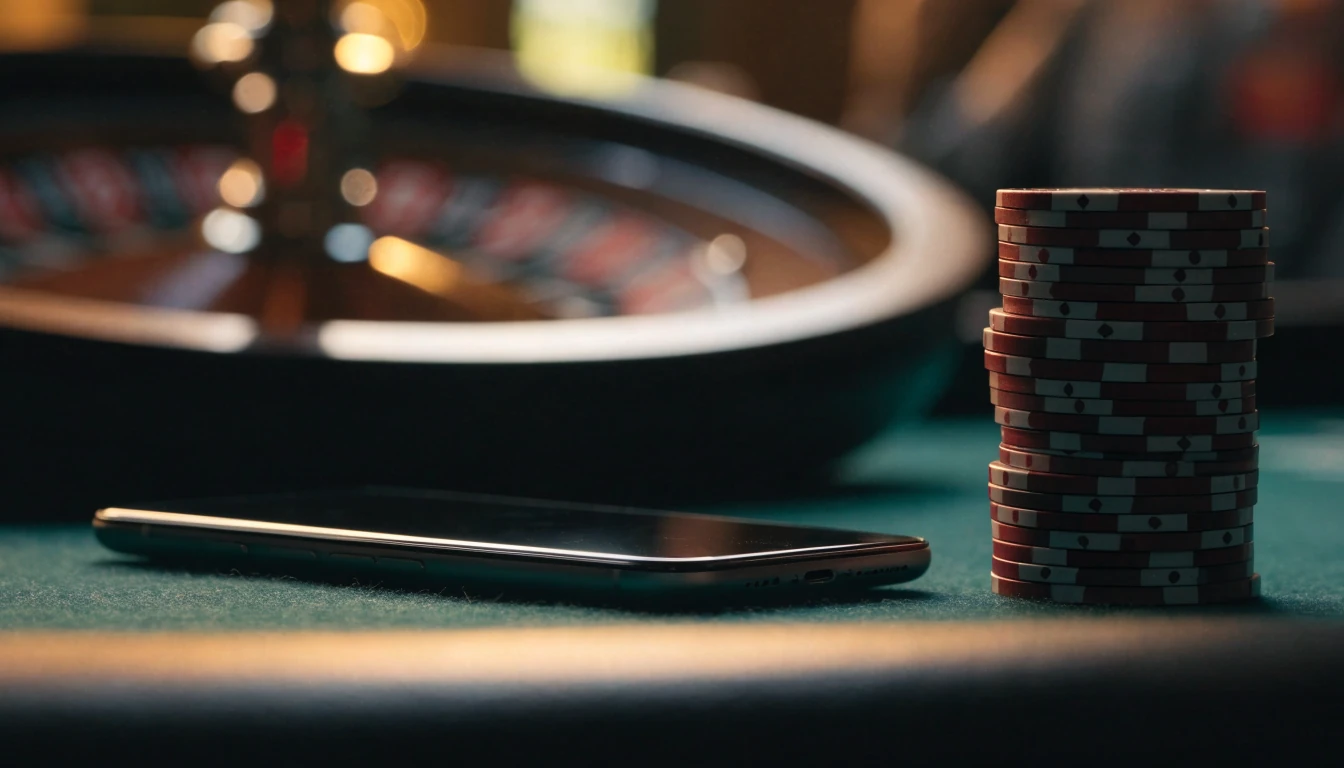 Smartphone face-down beside casino chips and roulette wheel on a dark felt table